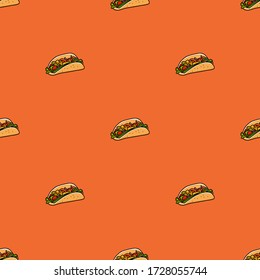 Doodle taco mexican food related seamless pattern. Color filled hand drawn taco icons on terracotta background. Geometrical layout. Vector stock illustration in cartoon style. 