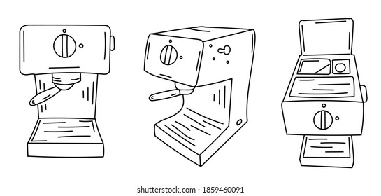 Doodle tamper coffee machine in three angles: front, top and side view. Simple outline vector illustration isolated on white background