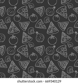 doodle tasty pizza slice with tomato onion and mushroom in seamless pattern on black background