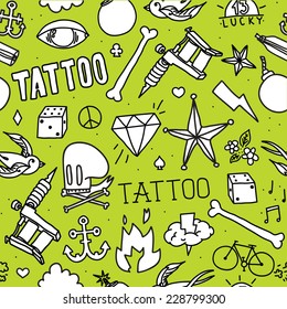 "Doodle tattoo" seamless vector background (green)