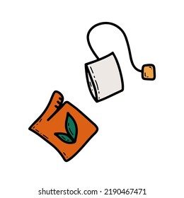 Doodle Tea bag with open pack vector icon. Organic beverage from dry leaves. Healthy calming warm tea. Doodle line sketch. Kitchen element.