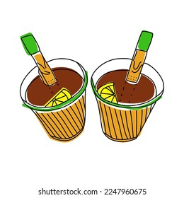 Doodle tea in biodegradable paper cup. Teabags and peace of lemon. Hot drinks to go. Take away couple of corrugated tea cup. Outline simple hand drawn icon. Vector illustration.