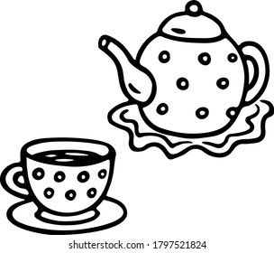 Doodle tea ceremony. Hand drawn teapot and cup with polka dots. Tea drinking. Tea time vector illustration with teapot with dots and mug of tea. Black outlines isolated on a white background.