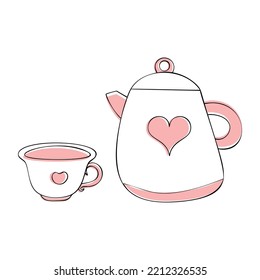 Ceremonia del té de Doodle. Tetera dibujada a mano y taza con corazón. Beber té. Ilustración del té con tetera con corazón y taza de té. Bordes negros aislados en un fondo blanco con color rosado.