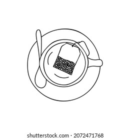 Doodle tea cup with tea bag, saucer and spoon illustration top view. Top view of hand drawn tea cup with tea bag.