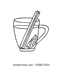 Doodle tea cup with cinnamon and lemon. Hand drawn tea cup with cinnamon stick and lemon. Glass of tea with cinnamon stick and lemon