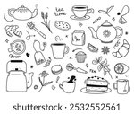 Doodle tea. Hand drawn teapots, cozy cups and hot drink mugs, sweet desserts and tea ceremony culture elements. Playful branding for tea cafe vector illustrations set.