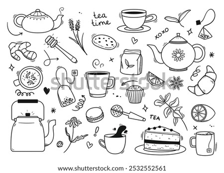 Doodle tea. Hand drawn teapots, cozy cups and hot drink mugs, sweet desserts and tea ceremony culture elements. Playful branding for tea cafe vector illustrations set.