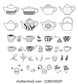 Doodle tea pot and cup collection. Hand drawn cookies, berries, honey, lemons, daisy flowers and sweets. Black and white vector illustrations for cafe and restaurant menu design.