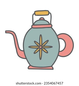 Doodle tea pot vector illustration. Hand drawn cute kettle with flower in trendy simple groovy style isolated on white background. Cartoon retro kitchen crockery design for stickers, textile, menu