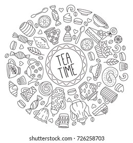 Doodle tea sweets doodle vector frame  round border