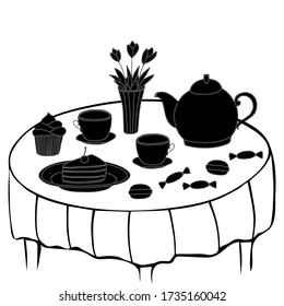 Doodle tea time collection. Teapot, cups, cakes, sweets, vase with flowers on round table. Hand drawn still life. Vector illustration. Black silhouette elements on white background.