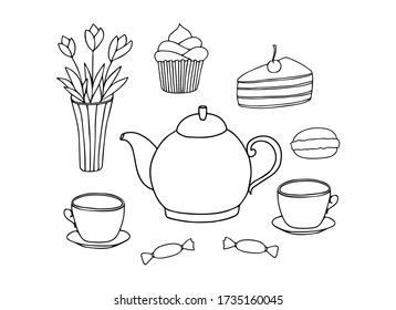 Doodle tea time collection. Teapot, cups, cakes, sweets, vase with flowers. Hand drawn set. Vector illustration. Black Lind elements isolated on white background.