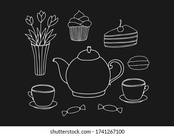 Doodle tea time collection. Teapot, cups, cakes, sweets, vase with flowers. Hand drawn set. Vector illustration. White Lined elements isolated on black background.