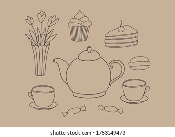 Colección del tiempo del té de Doodle. Tetera, tazas, pasteles, dulces, jarrón con flores. Juego dibujado a mano. Ilustración vectorial. Elementos de lino marrón aislados en un fondo beige.