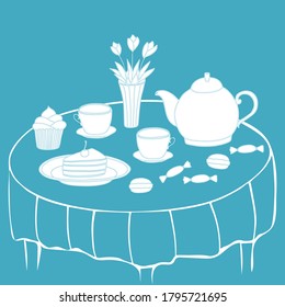 Doodle tea time collection. Teapot, cups, cakes, sweets, vase with flowers on round table. Hand drawn still life. Vector illustration. White silhouette elements on blue background.
