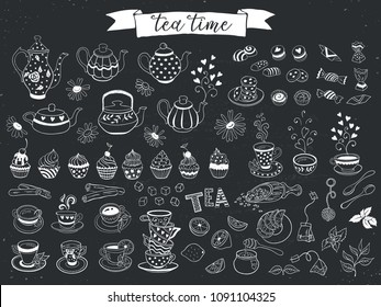 Doodle tea time elements collection. Vector set of tea icons. Teapots, cups, cupcakes and sweets.
