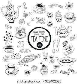 Doodle tea time elements collection. Hand drawn vector set of tea icons. Teapots, cups, cupcakes and sweets.