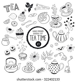 Doodle tea time elements collection. Hand drawn vector set of tea icons. Teapots, cups, cupcakes and sweets.
