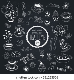 Doodle tea time elements collection. Vector set of tea icons. Teapots, cups, cupcakes and sweets.