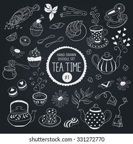 Doodle tea time elements collection. Vector set of tea icons. Teapots, cups, cupcakes and sweets.