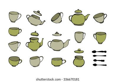 Doodle tea time elements collection. Hand drawn vector set of tea icons. Teapots, cups. Hand-drawn sketches.