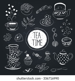 Doodle tea time elements collection. Vector set of tea icons. Teapots, cups, cupcakes and sweets drawn on chalk board.