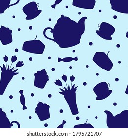 Doodle tea time seamless pattern. Teapot, cups, cakes, sweets, dots and vase with flowers. Hand drawn vector illustration. Blue colors