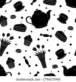 Doodle tea time seamless pattern. Teapot, cups, cakes, sweets, dots and vase with flowers. Hand drawn vector illustration. Black silhouette elements on black background.