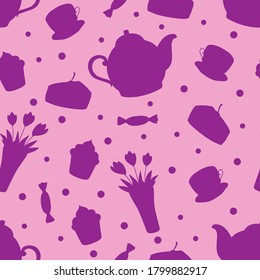 Doodle tea time seamless pattern. Teapot, cups, cakes, sweets, dots and vase with flowers. Hand drawn vector illustration. Pink colors