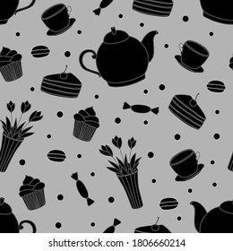 Doodle tea time seamless pattern. Teapot, cups, cakes, sweets, dots and vase with flowers. Hand drawn vector illustration. Black silhouette elements on gray background