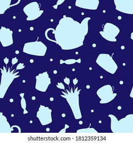 Doodle tea time seamless pattern. Teapot, cups, cakes, sweets, dots and vase with flowers. Hand drawn vector illustration. Blue colors