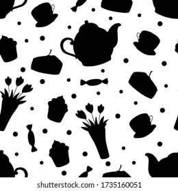 Doodle tea time seanless pattern. Teapot, cups, cakes, sweets, dots and vase with flowers. Hand drawn vector illustration. Black silhouette elements on black background.