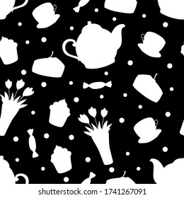 Doodle tea time seanless pattern. Teapot, cups, cakes, sweets, dots and vase with flowers. Hand drawn vector illustration. White silhouette elements on black background.