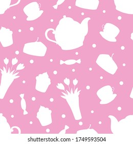 Doodle tea time seanless pattern. Teapot, cups, cakes, sweets, dots and vase with flowers. Hand drawn vector illustration. White silhouette elements on pink background.