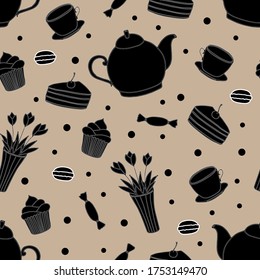 Doodle tea time seanless pattern. Teapot, cups, cakes, sweets, dots and vase with flowers. Hand drawn vector illustration. Black silhouette elements on beige background.