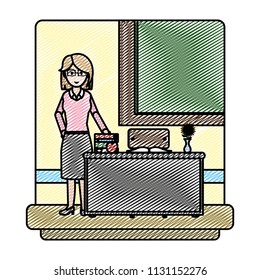doodle teacher desk with books flowers vase and apple