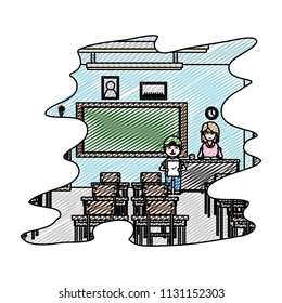 doodle teacher and student with good test in the classroom