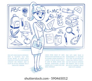 Doodle Teacher Teaching Students On The Lesson. School Education Vector Concept With Hand Drawn Science Icons