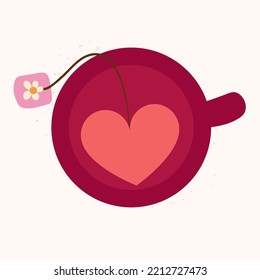Doodle teacup with heart shape tea bag and tag. Isolated vector sticker with pink cup on white