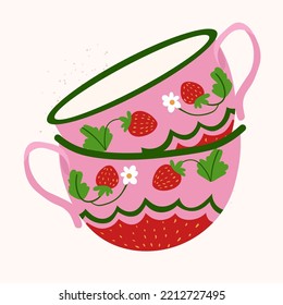 Doodle teacups sticker on white. Isolated vector ceramic cups with strawberry decor