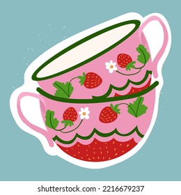 Doodle teacups sticker on white. Isolated vector ceramic cups with strawberry decor