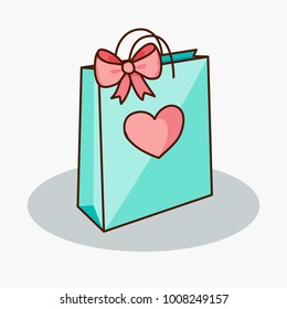 Doodle Teal Gift Bag With Pink Bow And Heart. Vector Illustration