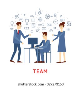 Doodle team is working on new ideas start up, business plan, brainstorm. Flat design.