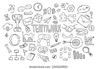 Doodle teamwork sketch set isolated on white background