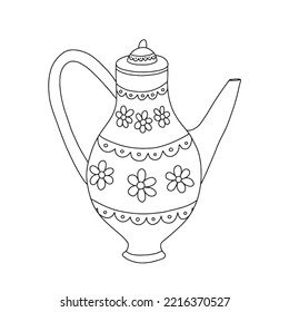 Doodle teapot with botanical decor vector illustration. Hand drawn teapot isolated