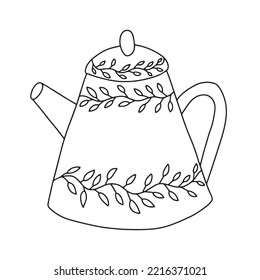 Doodle teapot with botanical decor vector illustration. Hand drawn teapot isolated