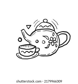 Doodle teapot with cup simple draft vector illustration. Autumn tea set in hand drawn style, tea party scribble contour concept design 