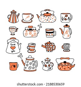 Doodle teapot, cups and mugs autumn collection. Perfect for tea towel, dishcloth, stationery, poster and print. Hand drawn vector illustration isolated on white background.


