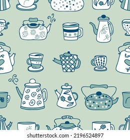 Doodle teapot, cups and mugs autumn seamless pattern. Perfect print for tea towel, dishcloth, stationery, textile and fabric. Hand drawn vector illustration for decor and design.



